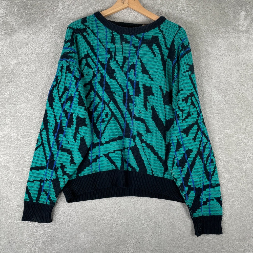 Koman Sweater Mens XL Green Vintage 90s Abstract Geometric‎ Knit Crewneck Korea